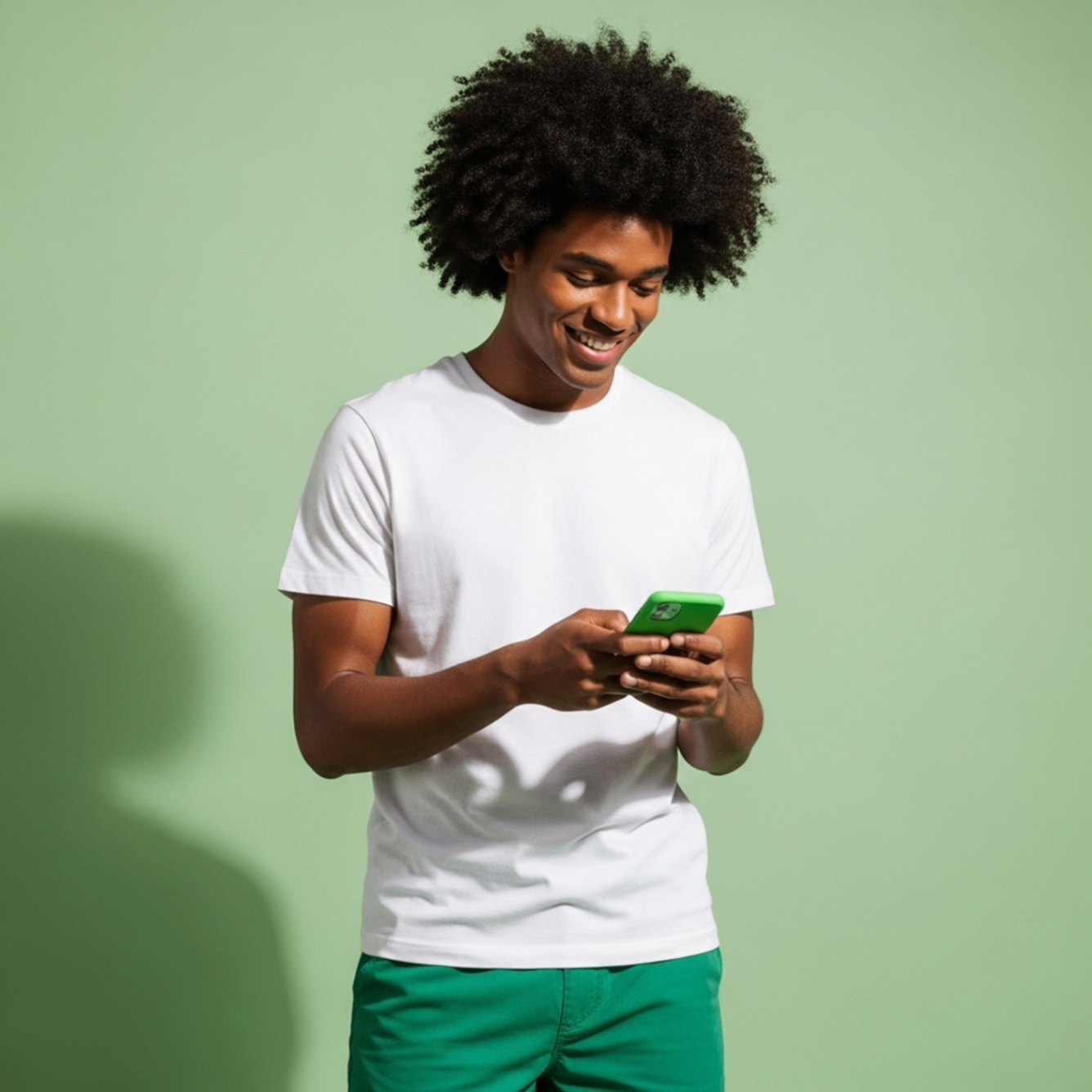 Uso quadrado · camiseta branca e calça verde