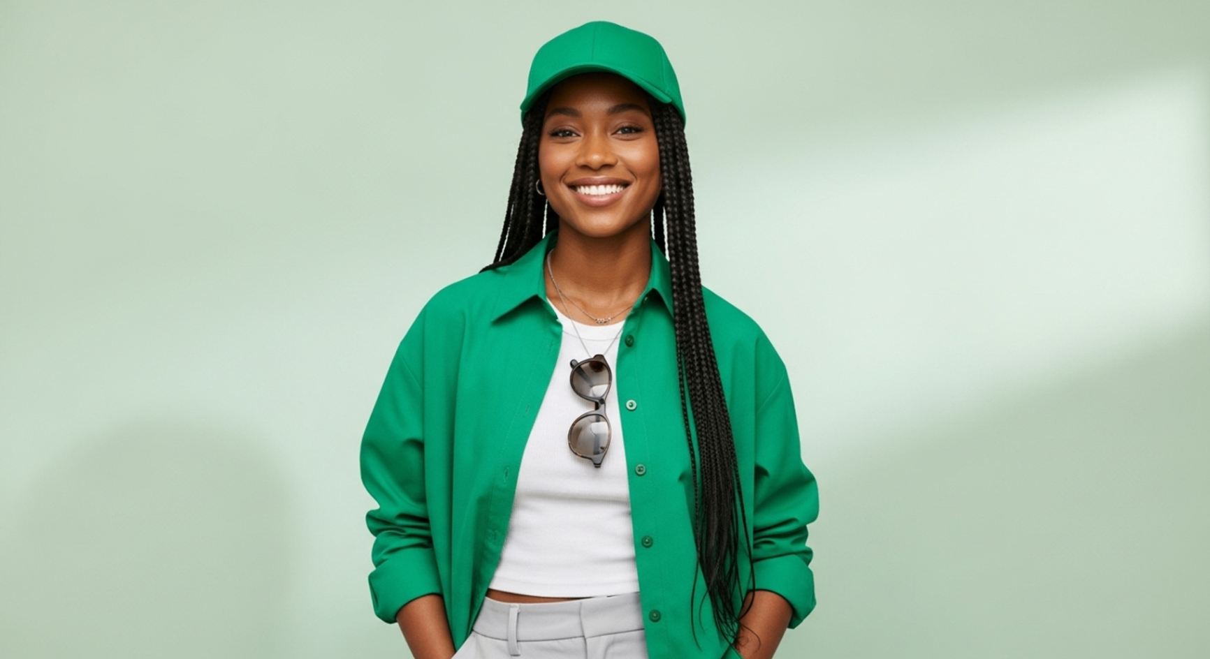 Retrato horizontal · boné verde com styling leve