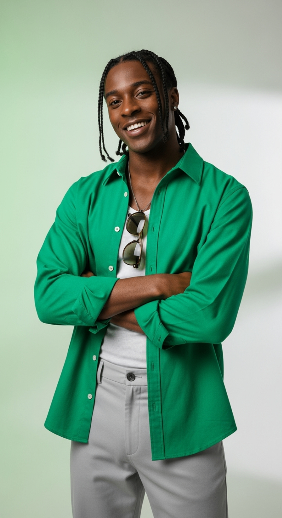 Retrato vertical · camisa verde com óculos pendentes