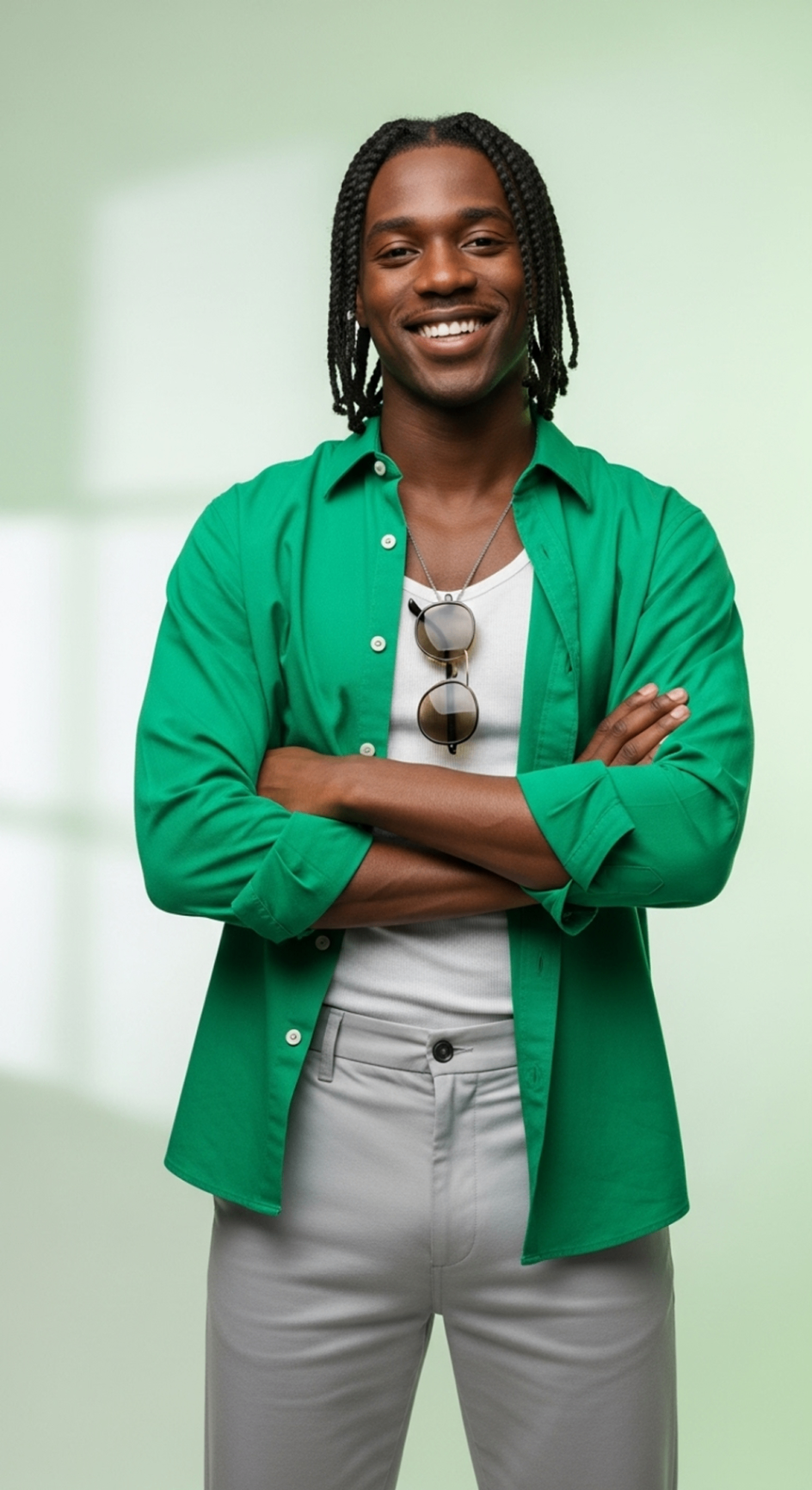 Retrato vertical · sorriso frontal com camisa verde